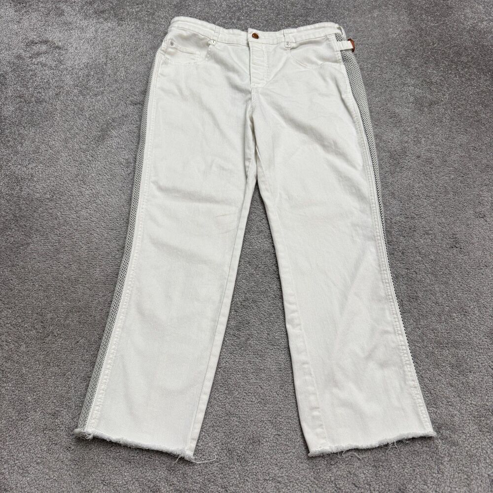 Picro Anthropologie Side Striped Button Fly Denim Jeans Womens 30 White Raw Hem